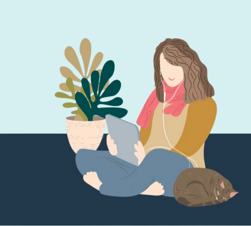 Patient filling form on tablet with cat